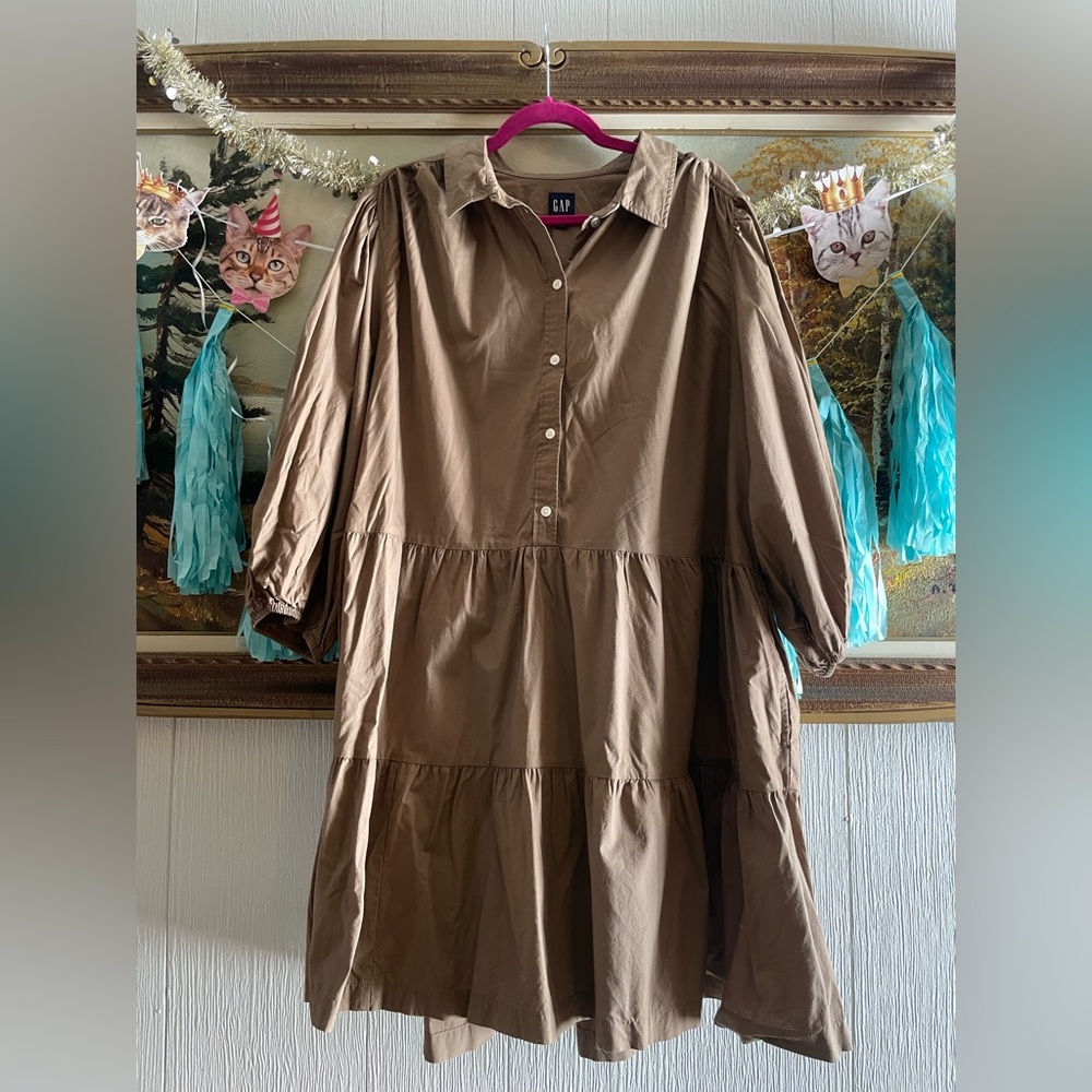 GAP Puff Sleeve Brown Button-Front Tiered Midi Dress. Size XXL.